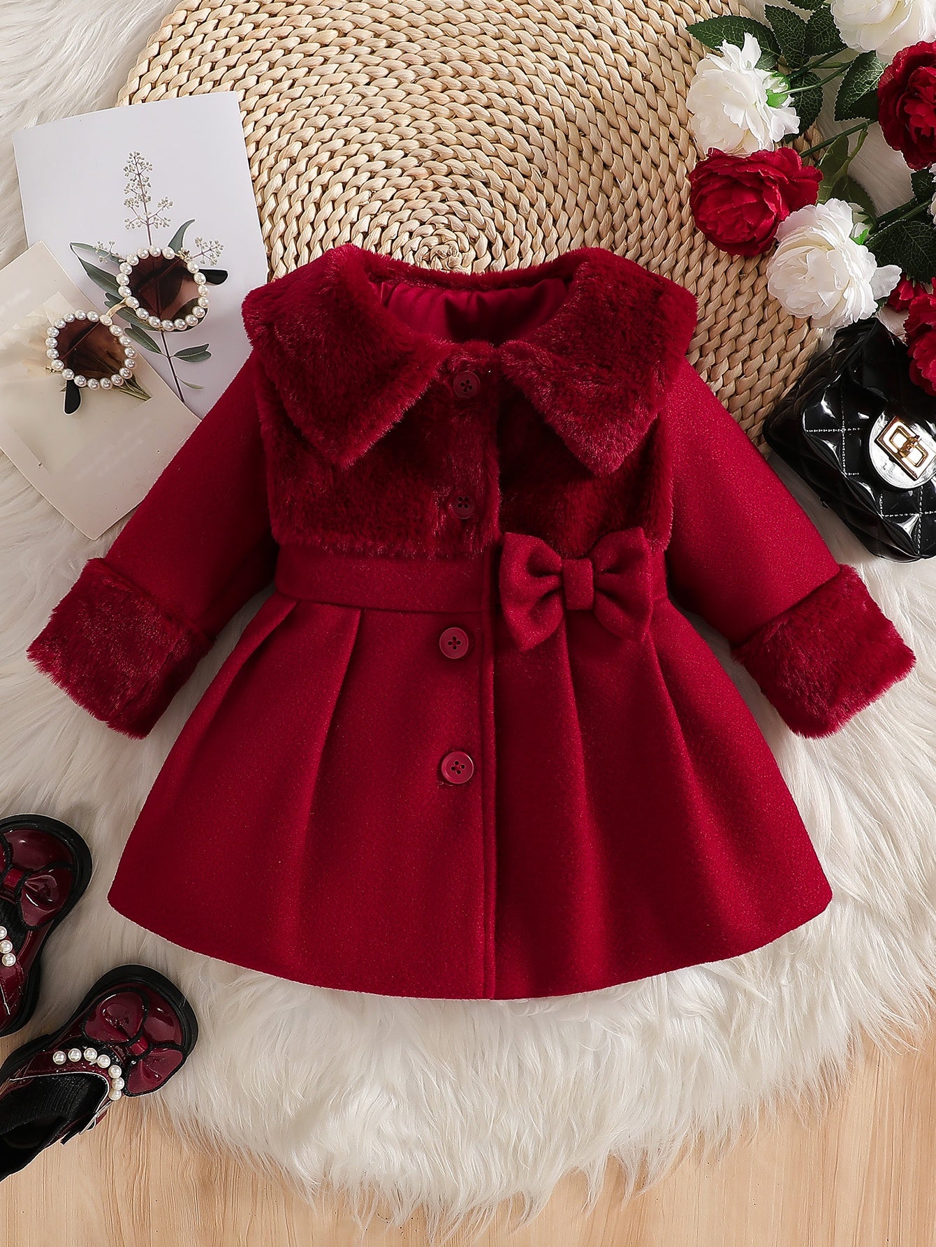 Girls' Valentine's Day Outfit, Girls' Autumn/Winter Irregular Plush Lapel Blend Bow Button Cardigan Coat, Suitable for Outings, Gifting, Back-to-School Season Apparel, Back-to-School Outfits, Back-to-School Small Gifts, Girls' Birthday Gift
