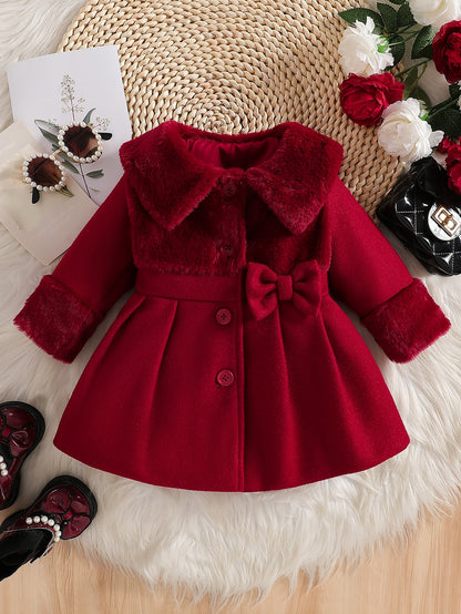 Girls' Valentine's Day Outfit, Girls' Autumn/Winter Irregular Plush Lapel Blend Bow Button Cardigan Coat, Suitable for Outings, Gifting, Back-to-School Season Apparel, Back-to-School Outfits, Back-to-School Small Gifts, Girls' Birthday Gift