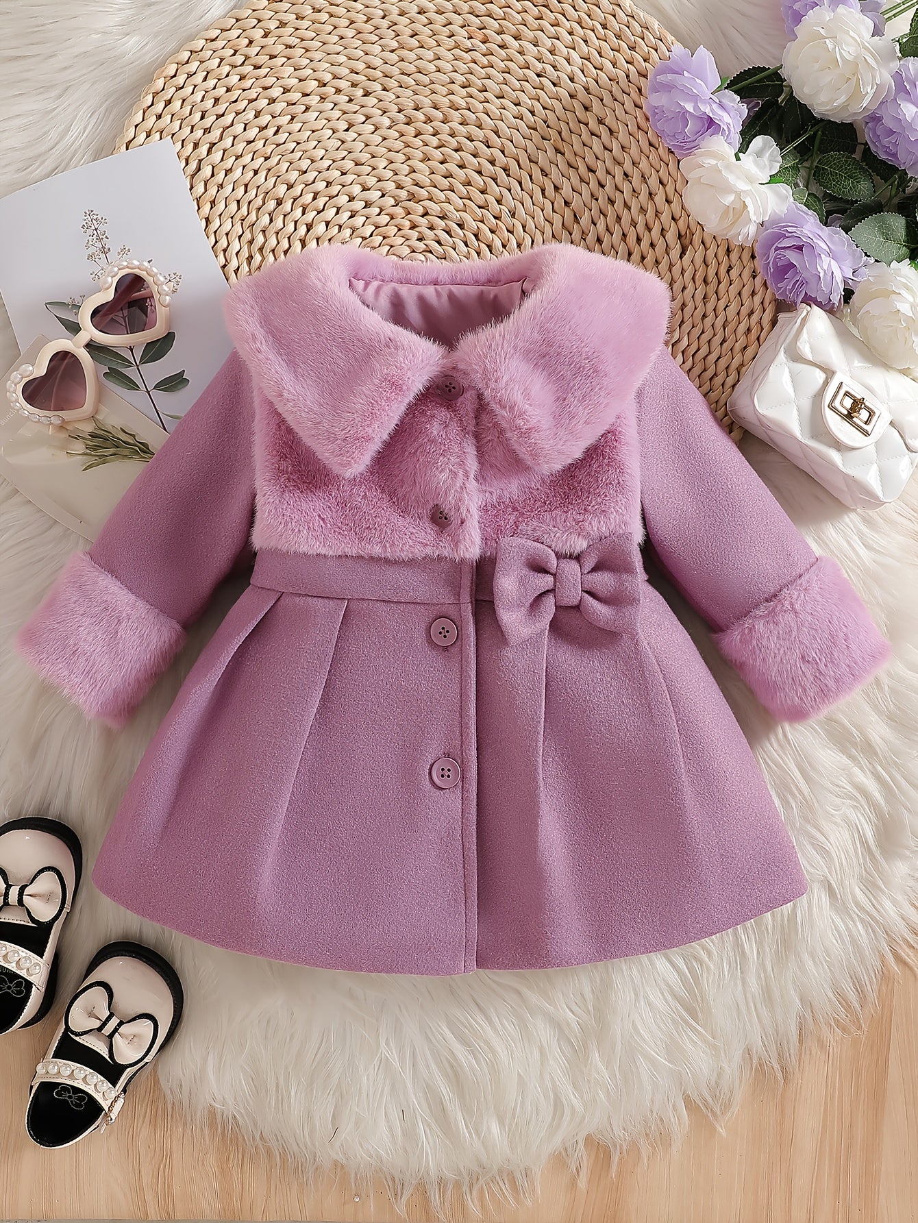 Girls' Valentine's Day Outfit, Girls' Autumn/Winter Irregular Plush Lapel Blend Bow Button Cardigan Coat, Suitable for Outings, Gifting, Back-to-School Season Apparel, Back-to-School Outfits, Back-to-School Small Gifts, Girls' Birthday Gift
