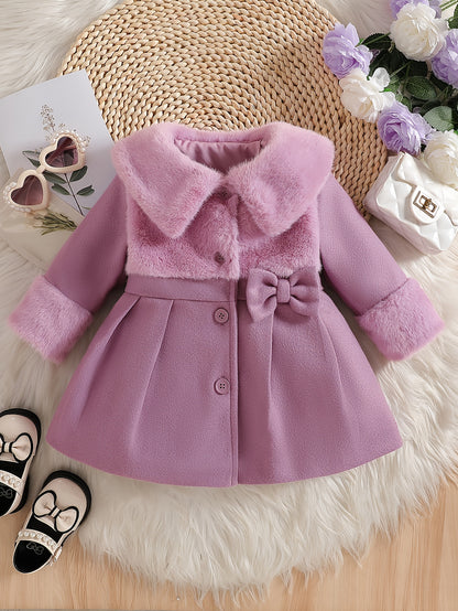 Girls' Valentine's Day Outfit, Girls' Autumn/Winter Irregular Plush Lapel Blend Bow Button Cardigan Coat, Suitable for Outings, Gifting, Back-to-School Season Apparel, Back-to-School Outfits, Back-to-School Small Gifts, Girls' Birthday Gift