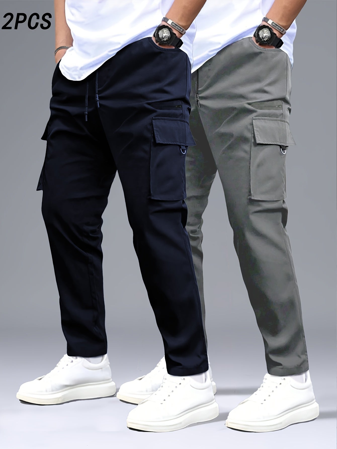 2pcs Men's Heavy-Duty Pants with Multi- Cargo Pants - Solid Color - Outdoor Pants, Belt Loops & Drawstring Waist, Machine Washable for,, Casual Wear (Regular Fit)