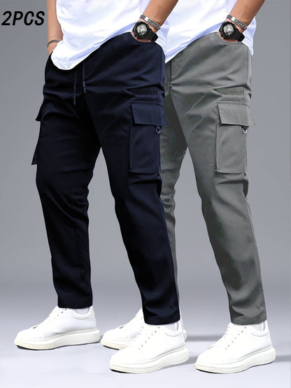 2pcs Men's Heavy-Duty Pants with Multi- Cargo Pants - Solid Color - Outdoor Pants, Belt Loops & Drawstring Waist, Machine Washable for,, Casual Wear (Regular Fit)