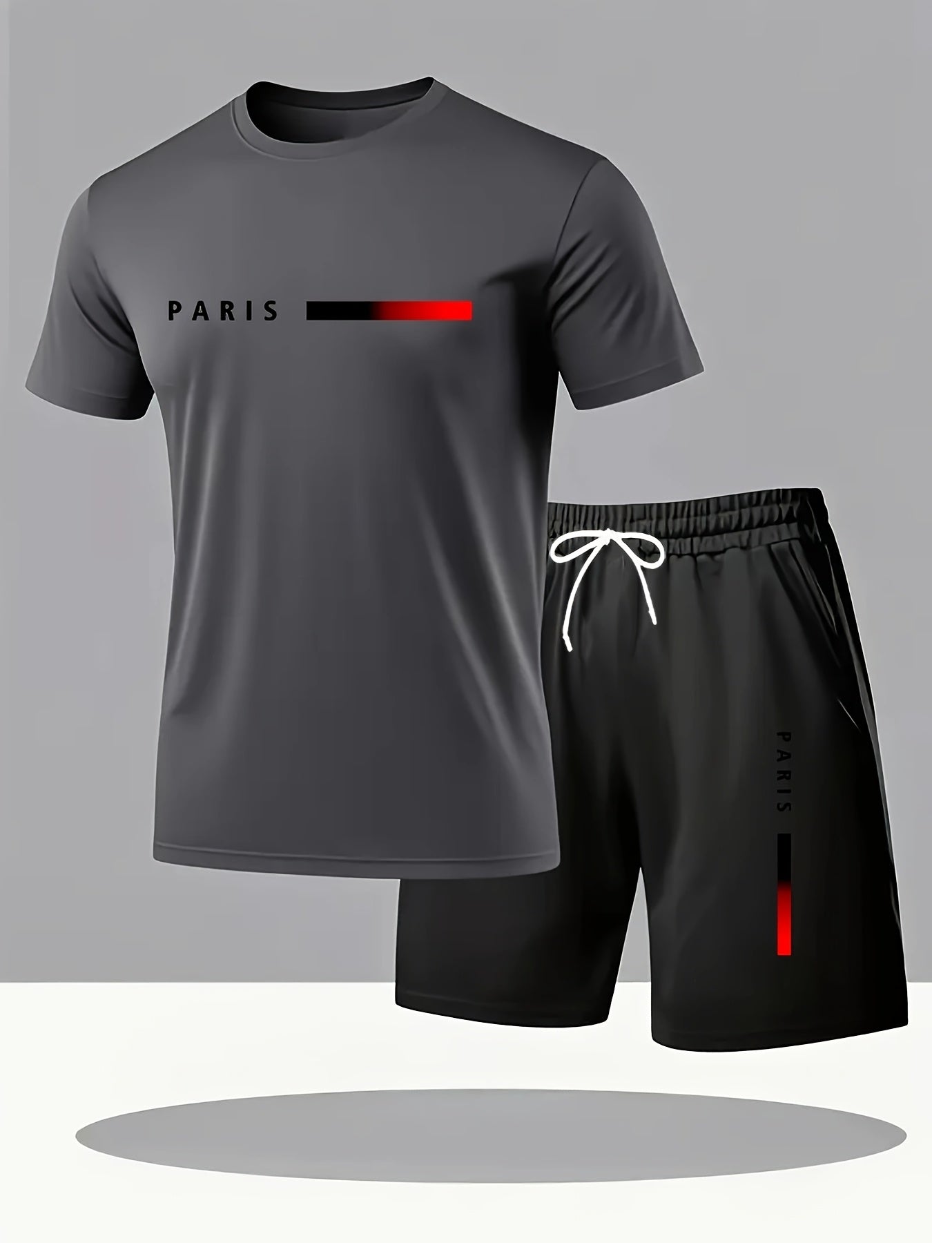 Men's fashion gradient letter print Men's two-piece set: round-neck short-sleeved T-shirt and drawstring shorts summer casual sportswear