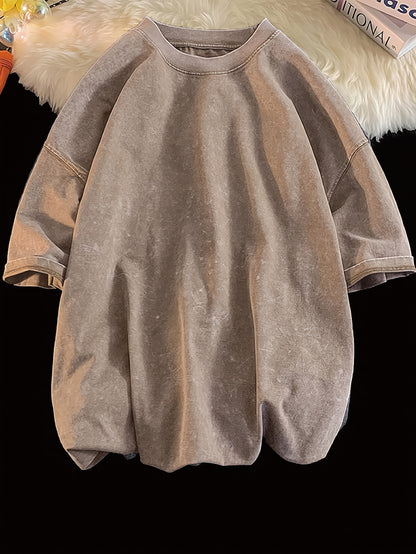 8.47 oz Heavyweight Pure Washed And Distressed Couple'S Unisex Loose American Retro Short-Sleeve T-Shirt for Spring And Summer, Trendy Men'S T-Shirt