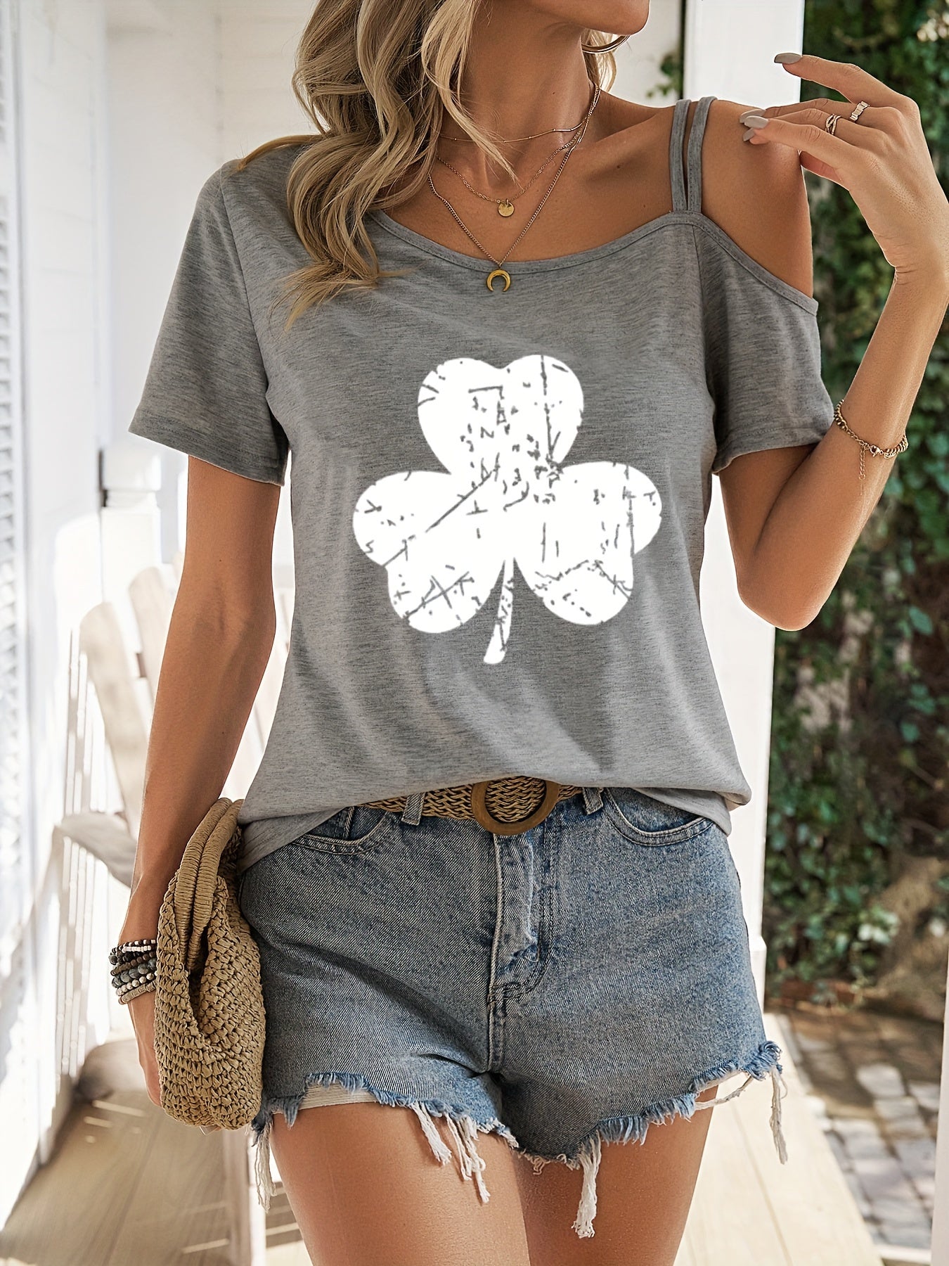 Heart Print One Shoulder T-shirt, Elegant Short Sleeve Top For Spring & Summer, Women's Clothing