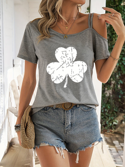 Heart Print One Shoulder T-shirt, Elegant Short Sleeve Top For Spring & Summer, Women's Clothing