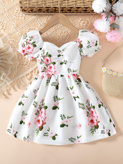 Summer Short-Sleeve Princess Dress for Girls with Lantern Sleeves And Floral Design, Perfect for Parties