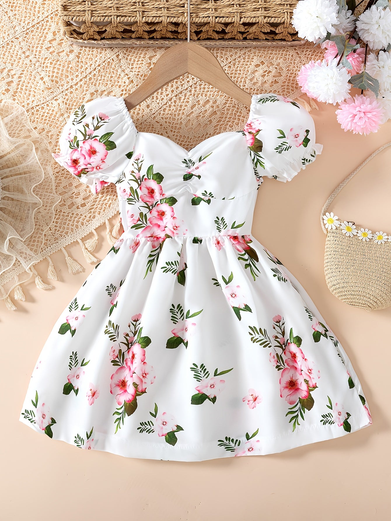 Summer Short-Sleeve Princess Dress for Girls with Lantern Sleeves And Floral Design, Perfect for Parties