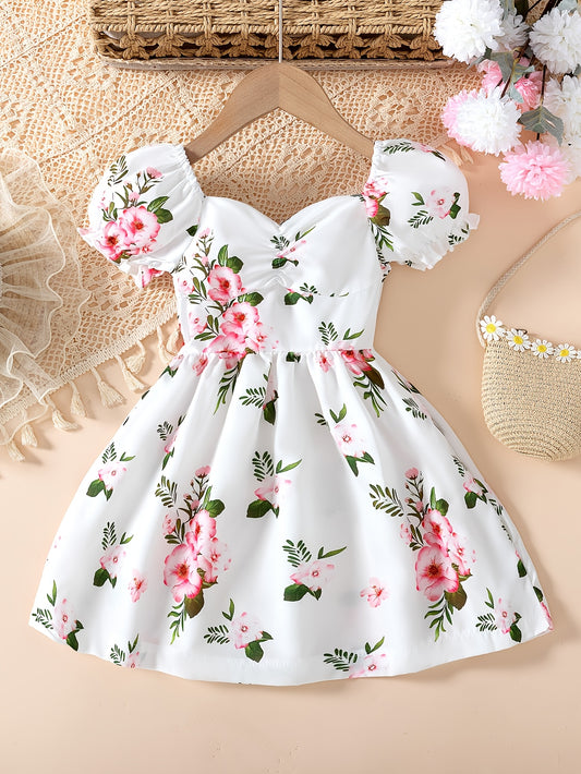 Summer Short-Sleeve Princess Dress for Girls with Lantern Sleeves And Floral Design, Perfect for Parties