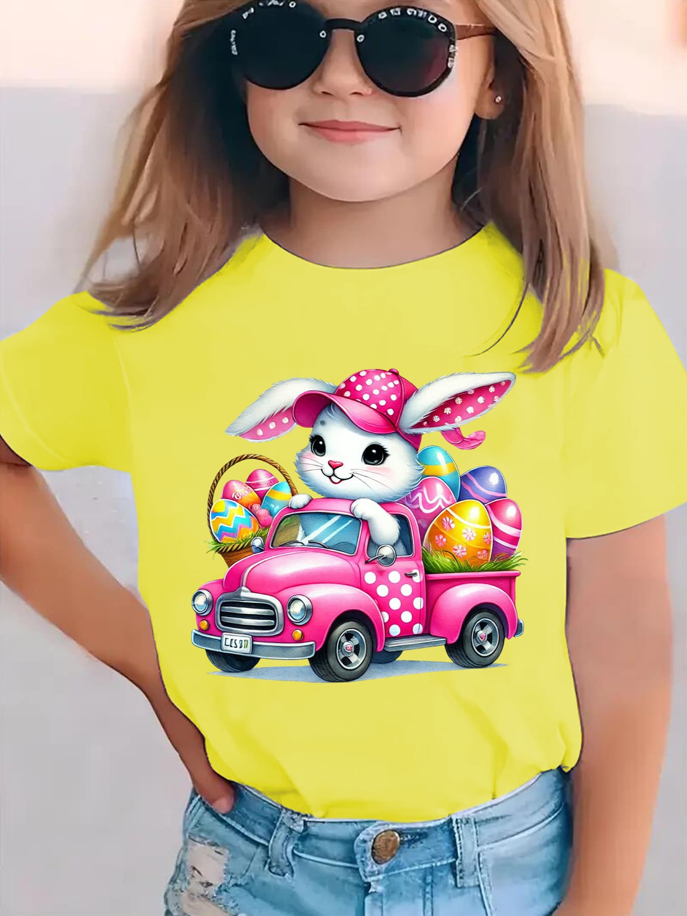 Girls' Easter Bunny Driving with Eggs Short Sleeve T-Shirt - Cute & EASTER Lettering Spring Summer Casual Round Neck Blouse for Easter Egg Hunt Outfits NY-DX5447