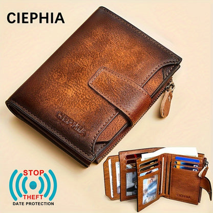 CIEPHIA Men's Vintage RFID Blocking Wallet - Genuine Leather -Theft Billfold with Zipper Coin Pocket, 14 Card Holder, 2 ID Window & SD/ SIM, 2 Driver ID Holder - Leather for Christmas Valentine's/Father's Day Gift for Men Set Includes a Greeting Card