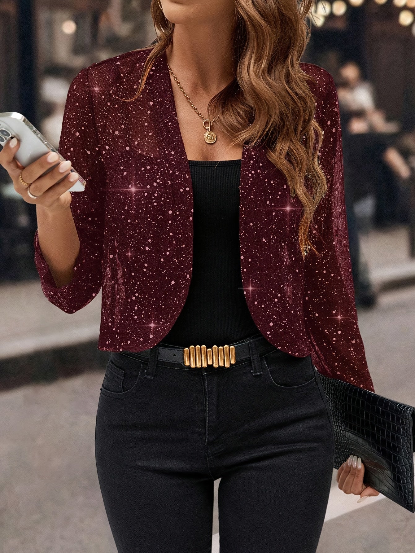 [Glitter Sequin Cardigan] Women's Glitter Sequin Cardigan Jacket, Golden Foil Pleated Fabric 3/4 Sleeve Short Cropped Blazer for Business Casual