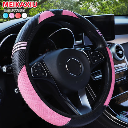 Steering Wheel Cover, PU Leather Carbon Fiber Cute Cartoon Fashion Without Inner Ring, Suitable for 37-38cm, Car Accessories