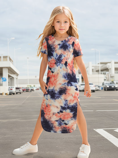 Girls' Dress for Spring And Summer, Lightweight Short-Sleeve, Mid-Length, Stylish And Trendy Summer Clothing for Girls, with Randomly Dyed Color Patterns