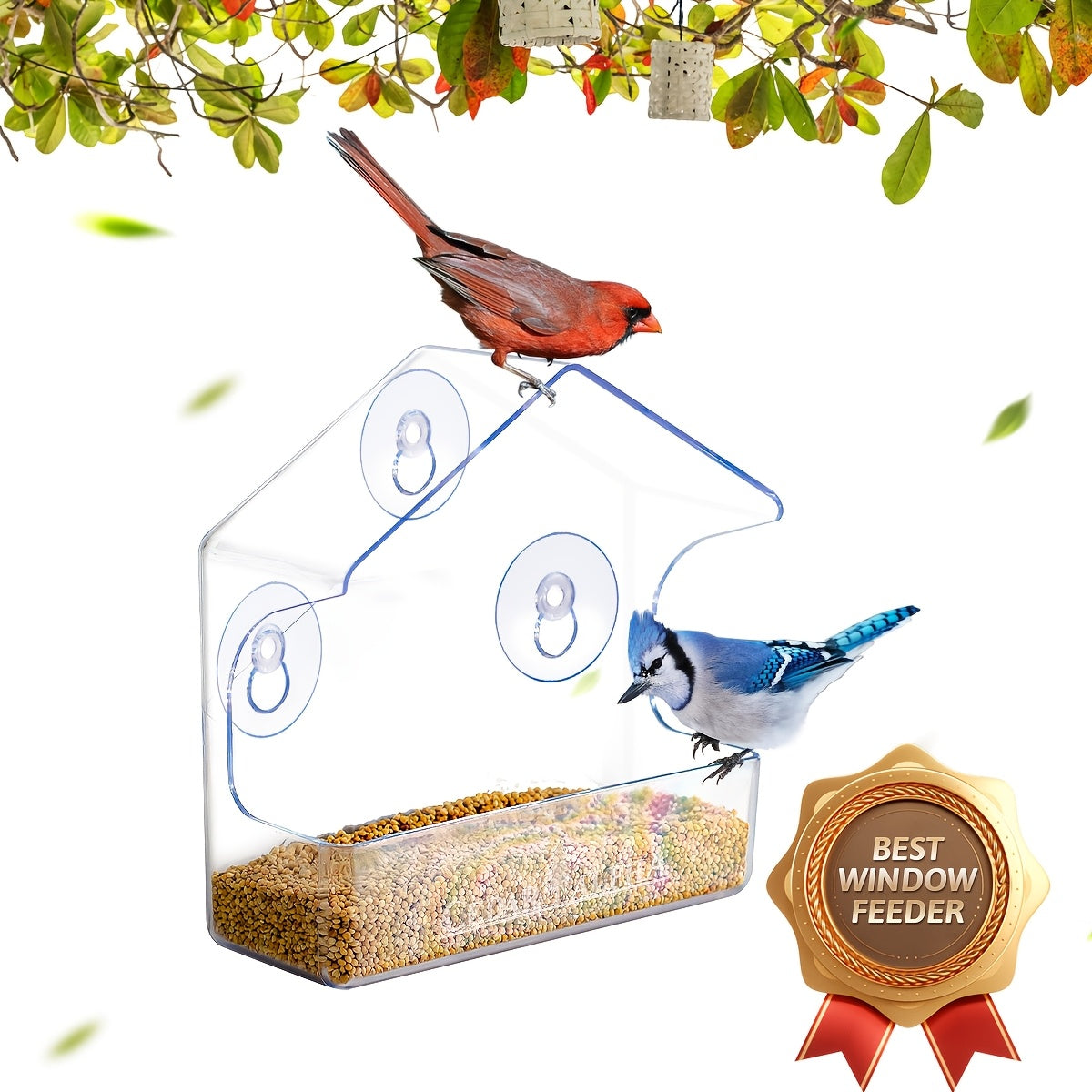 A Transparent Plastic Bird Feeder for Windows with Strong Suction Cups, Designed As a House for Birds, Without Battery