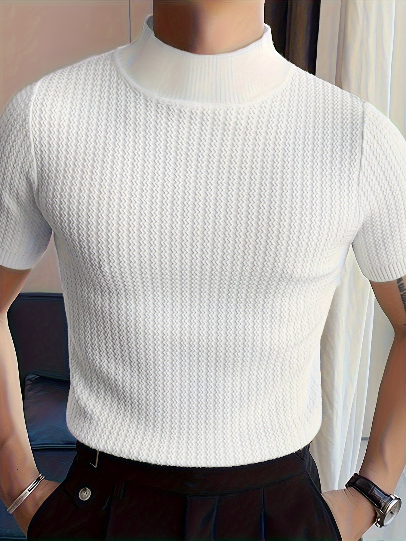 Men's Comfy Chic Turtleneck Solid T-shirt, Men's Summer Slim Fit Outdoor Clothes, Men's Clothing, Tops for Men, Gift for Men