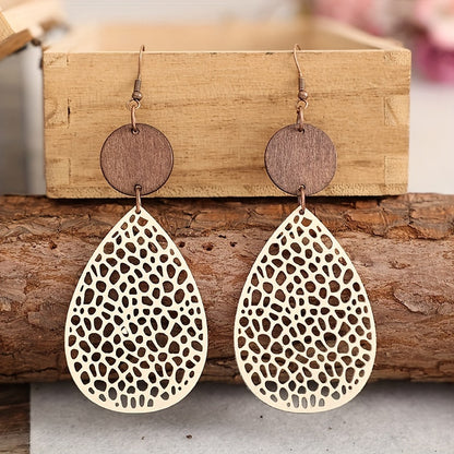 New Stylish And Versatile Vintage Teardrop-Shaped Hollow Leather And Wood Combination Mesh Earrings for Women, Featuring a Bohemian Ethnic Design