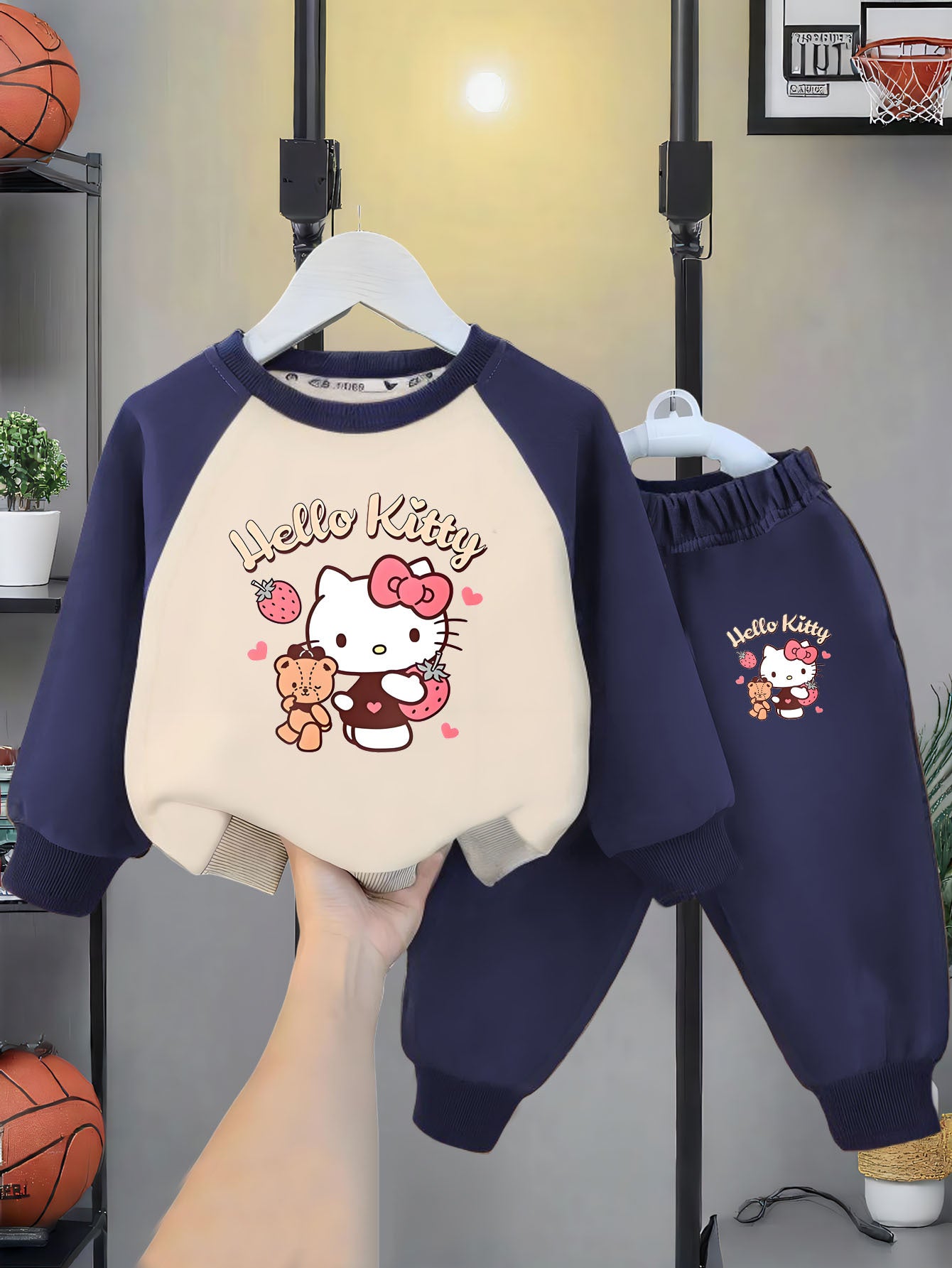 Hello Kitty Print Girls' Fashion Set, Little Girl Spliced Long-Sleeve Round Neck Crewnecksweatshirt and Joggers Two-Piece Outfit with Adorable Cat Design for Toddlers & Kids, Sanrio Spring/Fall Perfect for Outdoor