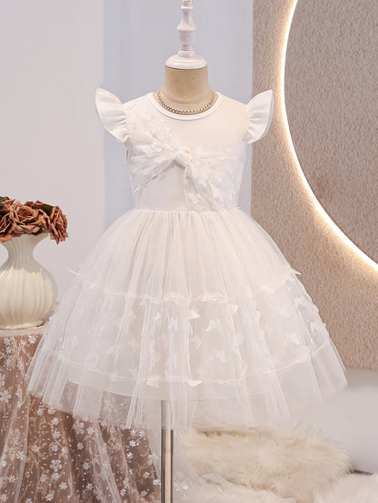 COVIVIKY Sweet and Adorable Fairy Princess Dress for Girls, with Ruffled Sleeves & 3D Butterfly Appliqué Embroidery on Tulle Tutu Skirt, Suitable for Children's Parties, Dance Gatherings, Performances, and Daily Wear