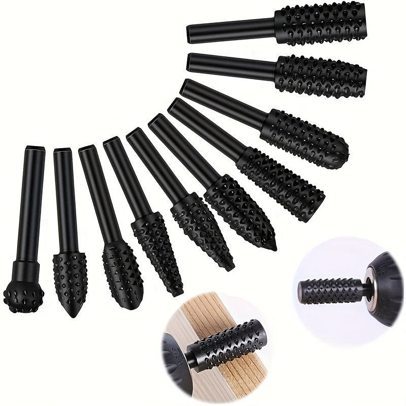 5pcs/10pcs Wood Carving 1/4" 6mm Rotary Rasp Drill Bit Set, Wood File Rasp Drill Bit, DIY Woodworking Rotating Embossed Chisel Shaped Shank Tool Burr Power Tools For Engraving Polishing Grinding