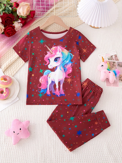 Girls' Spring/Summer/Autumn 2pcs Set: Glow-in-the-Dark Cute Unicorn Print Round Neck Pullover T-Shirt with Short Sleeves + Fluorescent Starry Sky Print Elastic Waistband Ankle-Length Pants. Cute Style Pants Set, Girls' Pants Set, Suitable for Daily