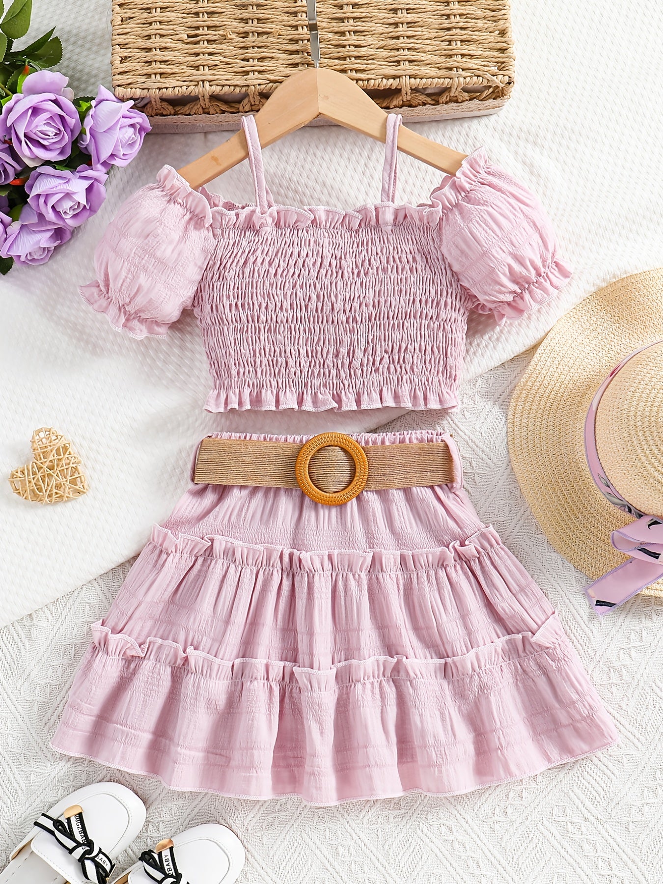 [Off-Shoulder Top Skirt Set] Summer Solid Color Off-Shoulder Lantern Sleeve Top and Knee-Length Skirt with Belt Set for Girls, Perfect for Outdoor Activities, Casual Attire, Playful Style