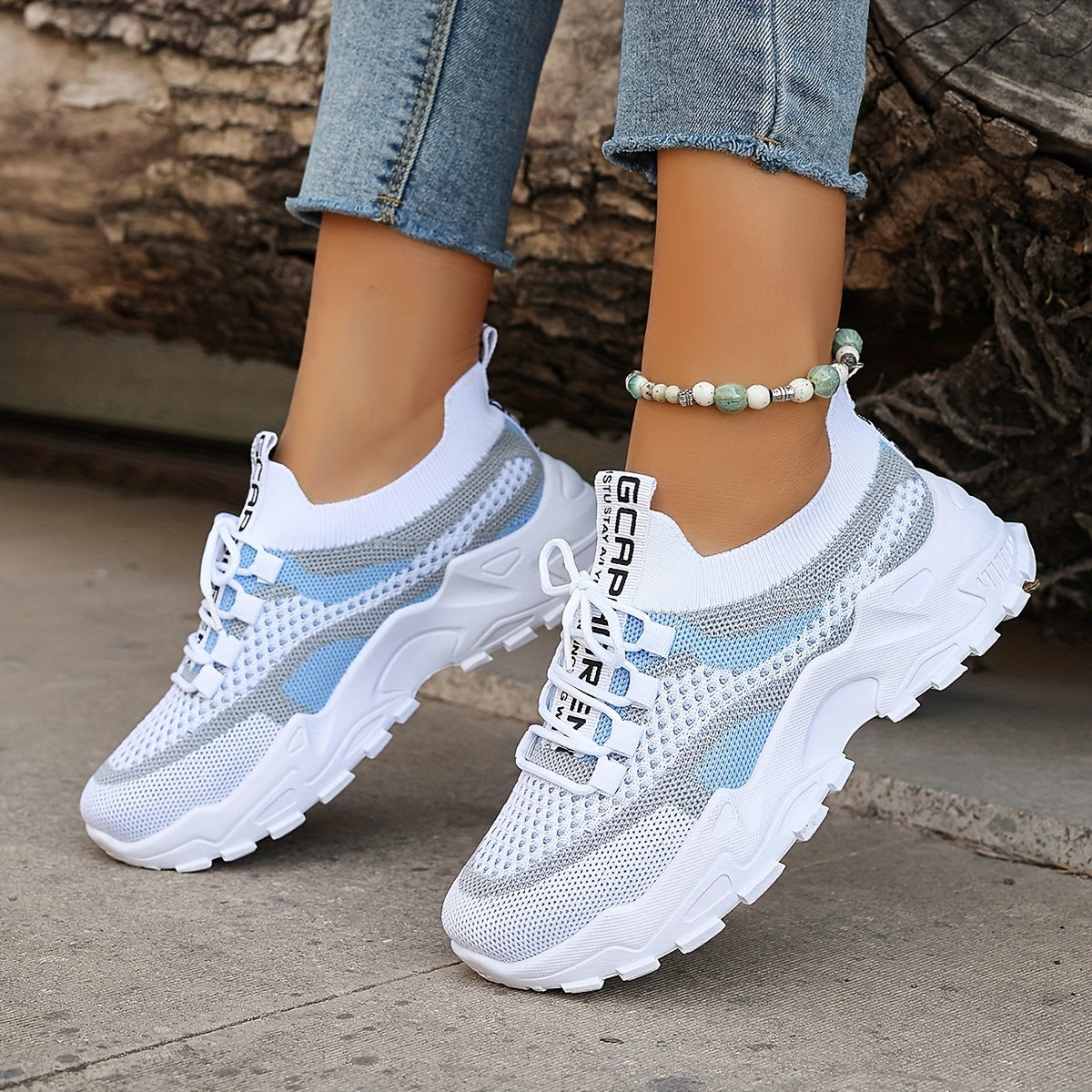 Women'S Color-Blocked Casual Sneakers, Breathable Lace-Up Running Shoes with Flying Woven Design, Stylish Mesh Platform Casual Footwear., Women Shoes