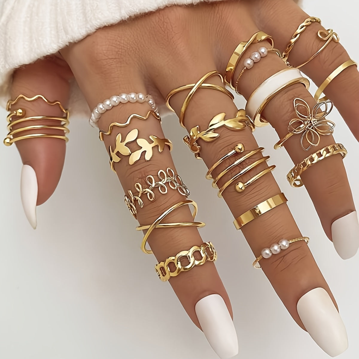 21pcs Olive Branch & Minimalist Flower Rings - Uncoated Olive Branch & Small Round//Square Bands for, Daily Wear & Resort, Year-Round Versatile (21-Ring Set)