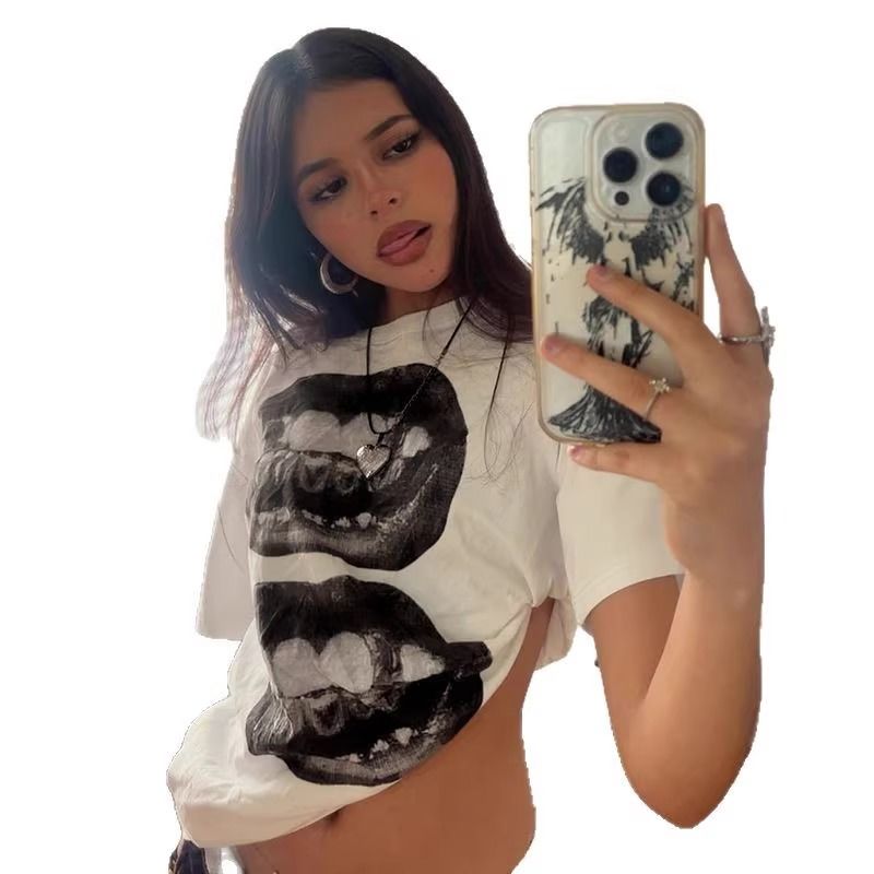 Korean version pullover pure cotton Spice Girl slanted shoulder short sleeve fashion printing loose casual top summer women's wear women's clothing
