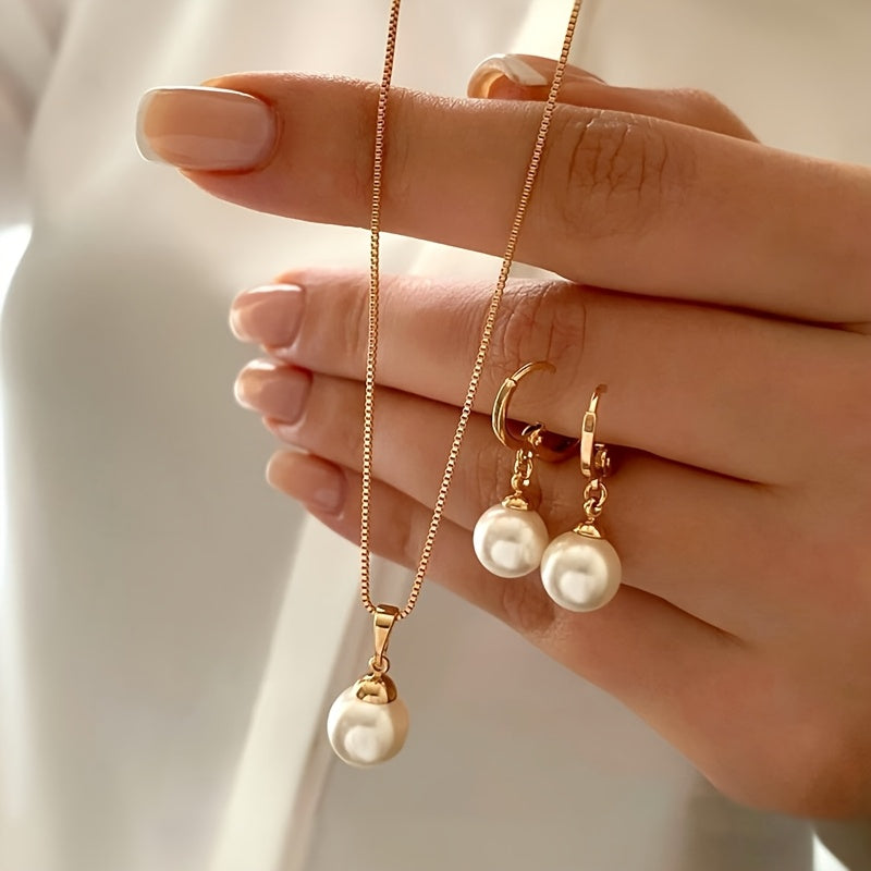 Set of 3 Stylish Imitation Pearl Additions - Coordinated Necklace, Earrings, And Ring for Women, Great for Celebrations, Christmas, And Special Events, Perfect Present for Loved Ones And Friends, Birthday Gift