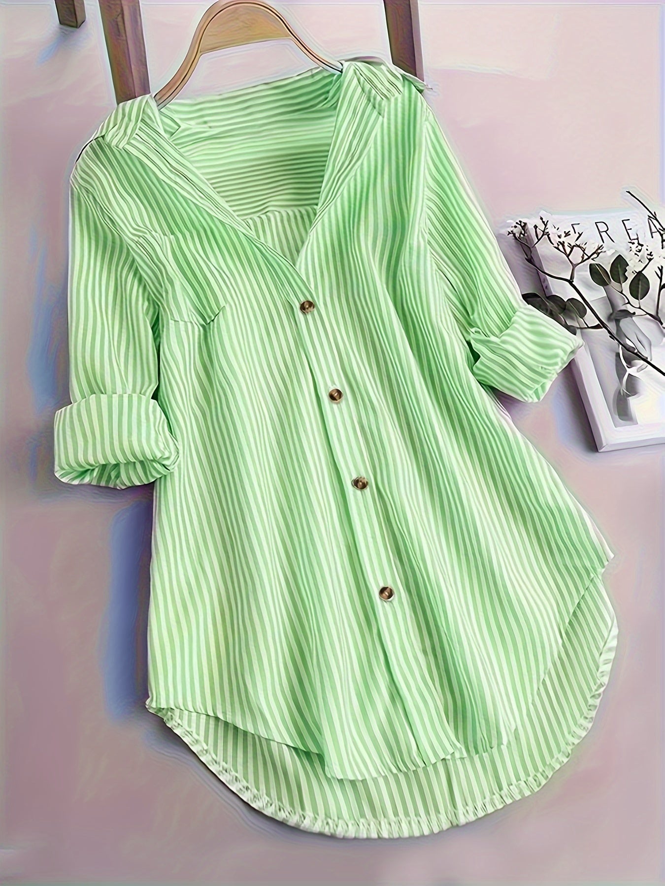 Elegant Striped Shirt for Women, Stylish Long-Sleeve Blouse with a Collar And Pockets