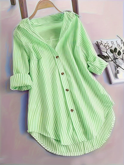 Elegant Striped Shirt for Women, Stylish Long-Sleeve Blouse with a Collar And Pockets