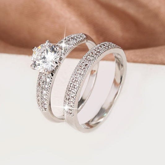 [2pcs Luxury Eternity Ring] 2pcs/Set Luxury 18K Gold Plated Zirconia Eternity Band Ring | Delicate Jewelry For Women Girls Party Wedding Engagement Decor Gift