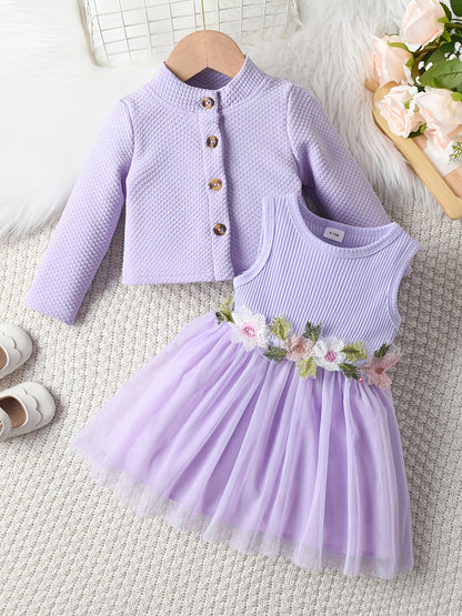 [Casual | Floral] Long Sleeve Floral Girls' Casual Dress | Skirt Set with Jacket