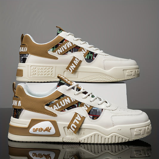 1 Pair Men'S Low-Top Sneakers - Breathable EVA Insoles & Random Letter Webbing, All-Season Lightweight Sneakers with Arch Support, Cushioned PVC Sole & Lace-Up Closure, / - For Running, Travel, Skateboarding, Travel Footwear, Trendy Footwear