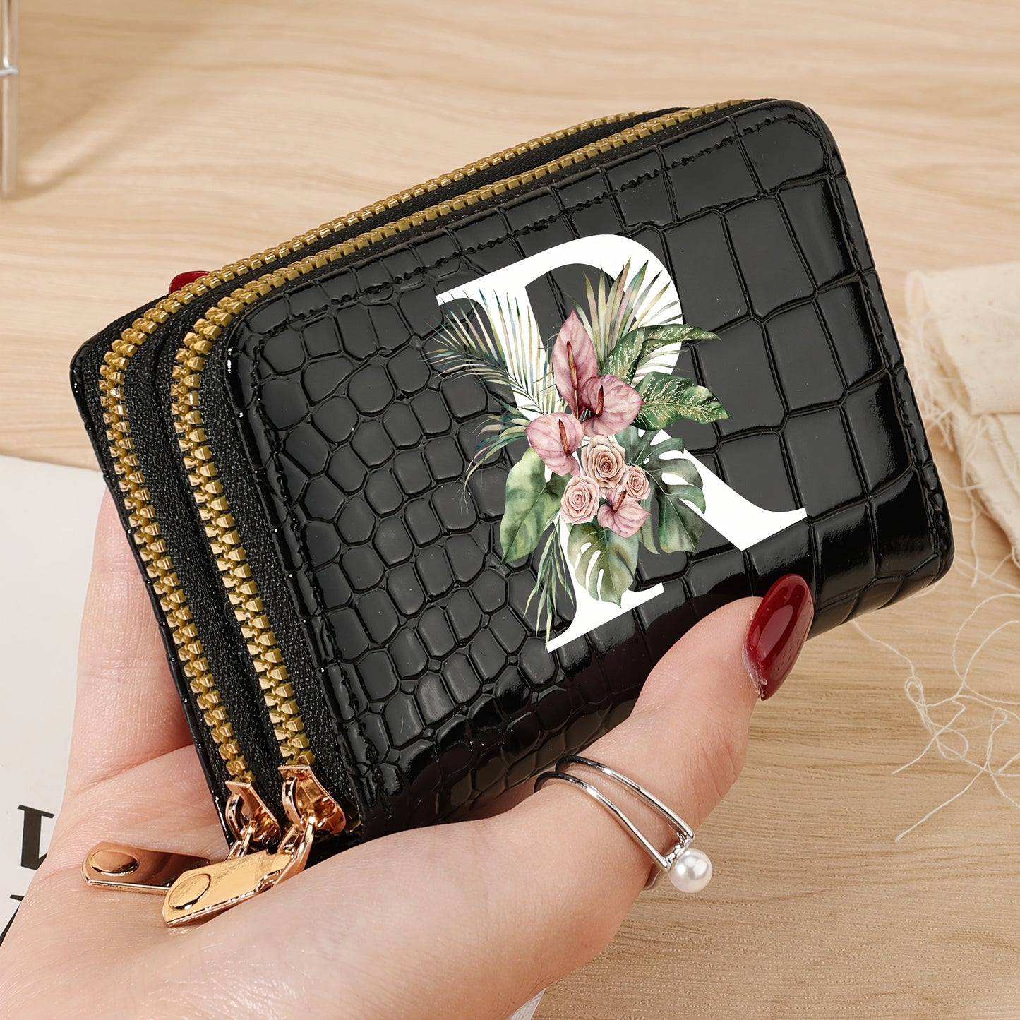 Simple, Stylish, Elegant Letter Printed Women's Credit Card Wallet, Large Capacity Multi Card Holder, Double Zipper Card Holder