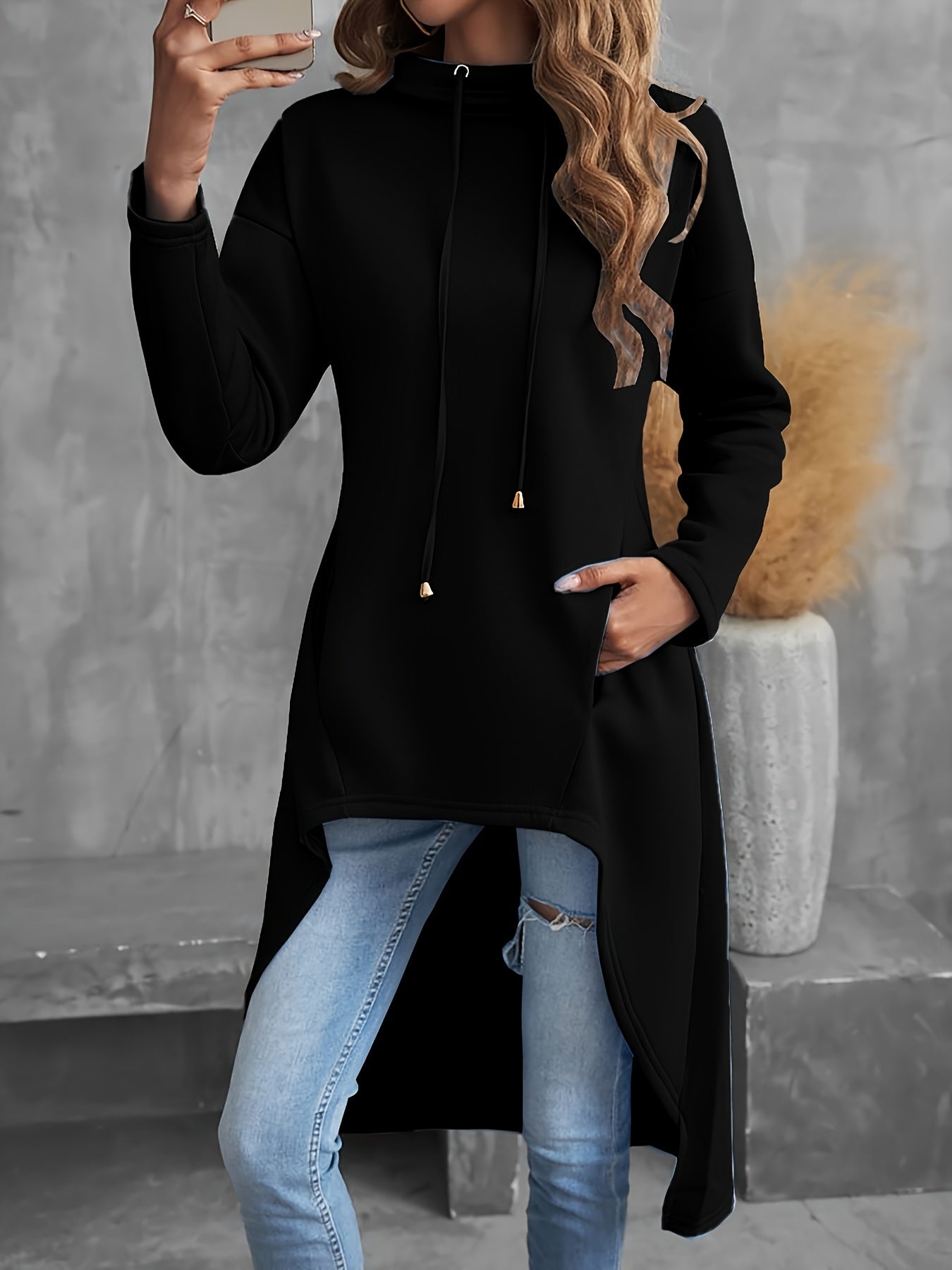 Long Sleeve Solid Color Drawstring Hoodie, Casual Hig-low Hoodie Sweatshirt for Women