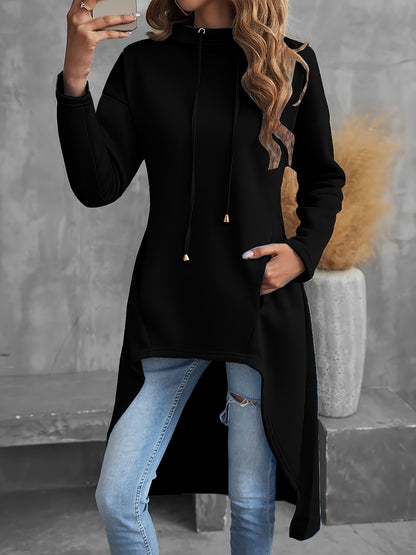 Long Sleeve Solid Color Drawstring Hoodie, Casual Hig-low Hoodie Sweatshirt for Women