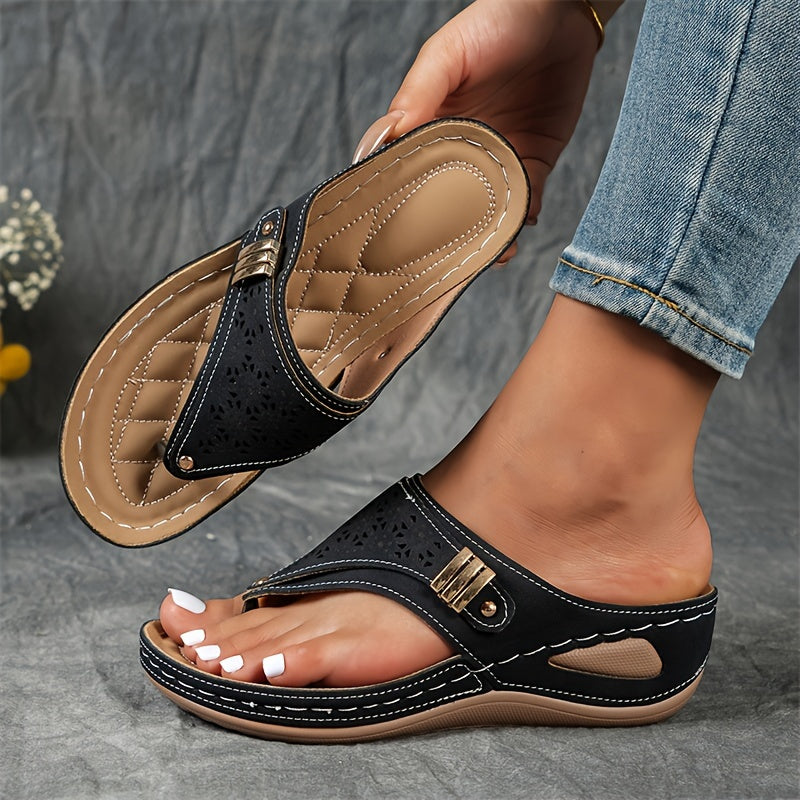 Women'S Stylish Wedge Flip-Flops - Comfortable Arch Support, Breathable Outdoor Sandals - Trendy, Versatile, Soft Sole, Easy for Everyday Wear.