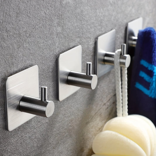 4-Pack Waterproof Stainless Steel Hooks | Heavy-Duty Adhesive Hooks For Coats, Hats, And Towels - Ideal For Bathroom And Bedroom Organization, Brushed End, Wall Mount
