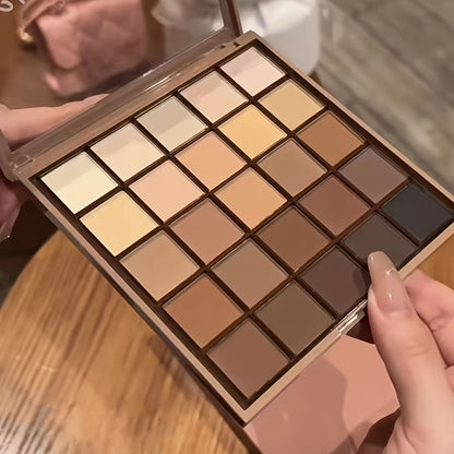 25-Color Eyeshadow Palette Featuring Matte Shades in Gray, Brown, Earthy Tones, And Coffee Chocolate Hues