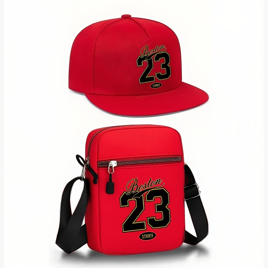2pcs Set: Boston 23 Print Unisex Curved Brim Hip-Hop Baseball Cap and Crossbody Bag, Street Fashion Outdoor Sports Cap and Bag, Adjustable, Gift for Yourself or Friends
