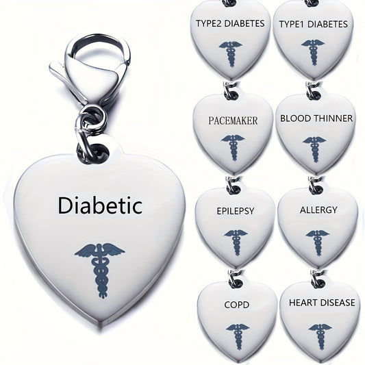 Unique Heart-Shaped Stainless Steel Medical ID Pendant Keyring - Engraved with Diabetes Type 1 & 2 Symbol, Ideal Gift for Men with Diabetes, Hypoallergenic, Durable, and Easy to Clean