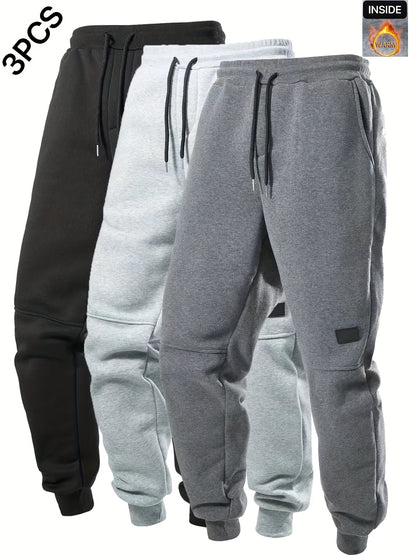 3pcs Men'S Joggers with Elastic Waistband & Drawstring - Casual Solid Color Sweatpants, Regular Fit, Knee-Length, Comfortable for Fall/Winter, Jogging Pants, Jogging P, Everyday Sweatpants, Durable Sweatpants, Winter Joggers, Classic Joggers, Joggers