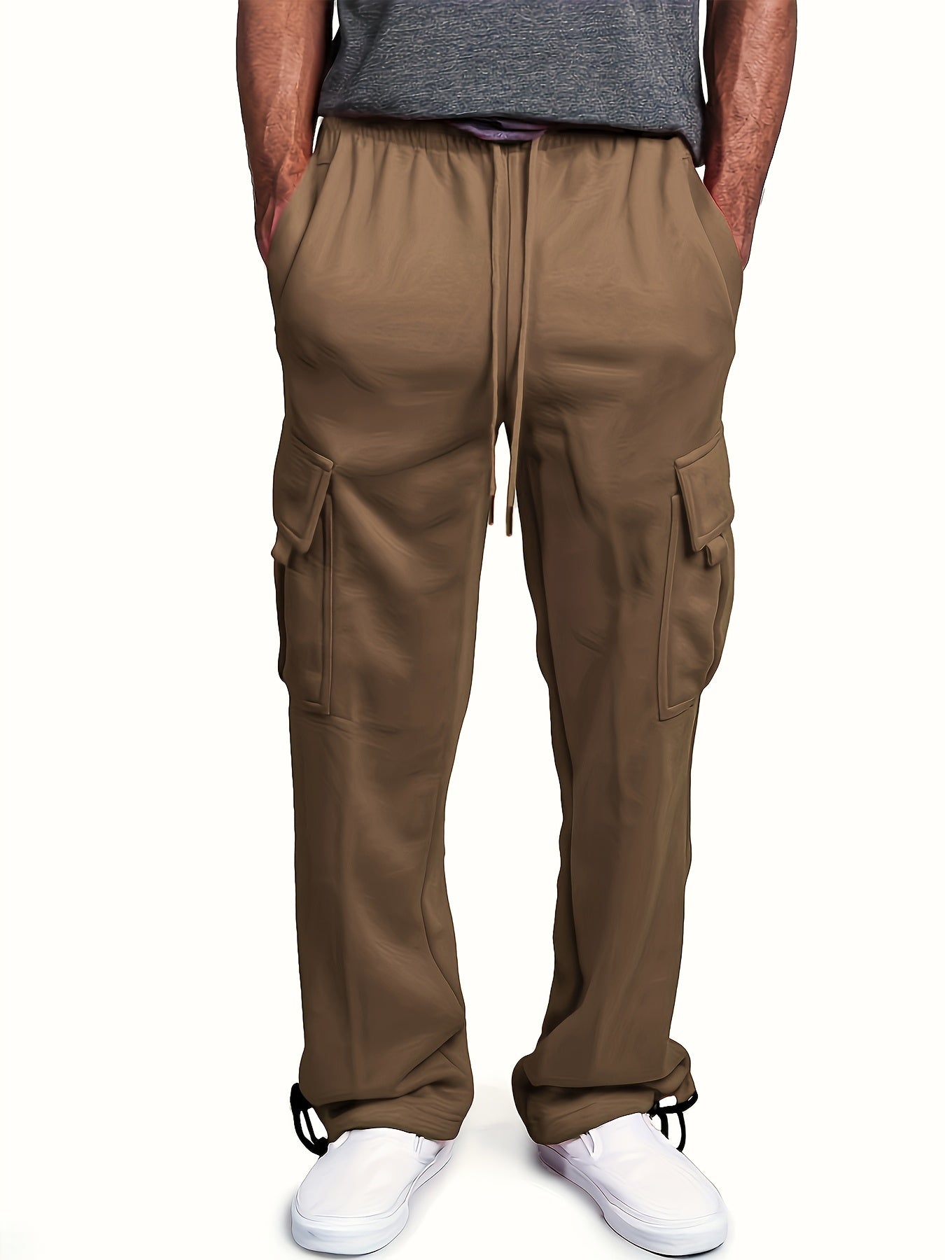 [Micro Elastic Underpants] Warmth Micro Elastic Men's Underpants Work Pants | Long Pants with Velvet Thickening Cold Protection Soft Light Beige-friendly Non-Ball Stretch Waistband Tied Feet Straight Two-Wear Loose Multi-Pocket Street Sports Casual Trendy