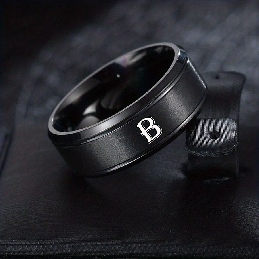 1pc European and American Fashion Versatile 26 English Letters Double Beveled Frosted Two-Line Men's Stainless Steel Ring (B81)