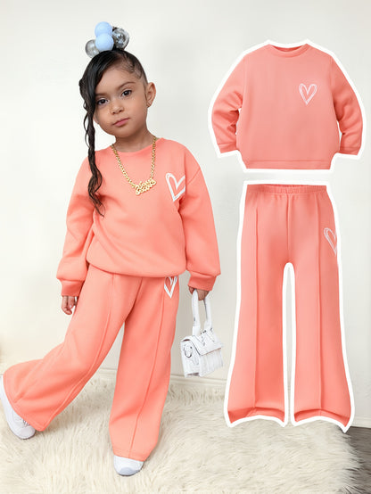 Girls' Heart Print Fleece Sweatshirt & Long Pants Two-Piece Set, Warm Cozy Comfortable Fabric, Perfect for Autumn Winter Outdoor Wear, Great Gift for Children