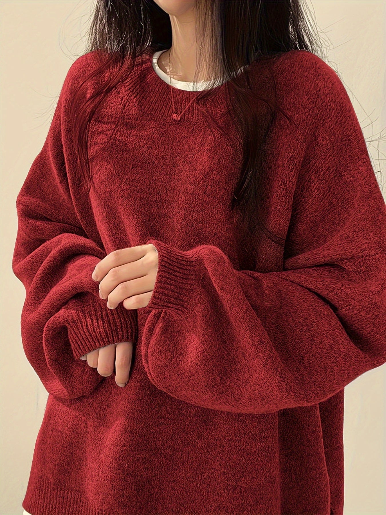 [Solid Color Pullover] Solid Color Pullover Sweater | Round Neck, Long Sleeve, Drop Shoulder, Women's Casual Top