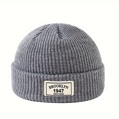 MAKEFGE Men's Fashion Knitted Beanie - Warm, Elastic Acrylic Winter Hat with Letter Patch, Ideal for Active Leisure, Holiday Gifts and Valentine's Day