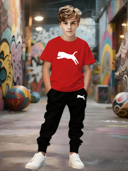 Spring/Summer New Boys' Short Sleeve + Thin Pants Set, Unique Geometric Pattern Design, Versatile Sportswear Set, Stylish and Comfortable, Slightly Stretchy Fabric, Regular Fit, Suitable for Outdoor Use, Perfect for Outdoor